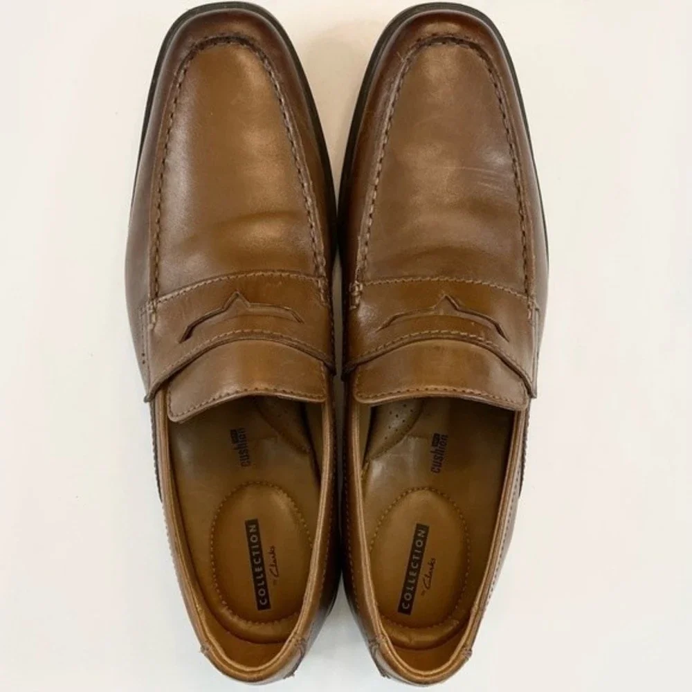 CLARKS TILDEN WAY PENNY LOAFER Size 11 Brown Camel Leather Slip on